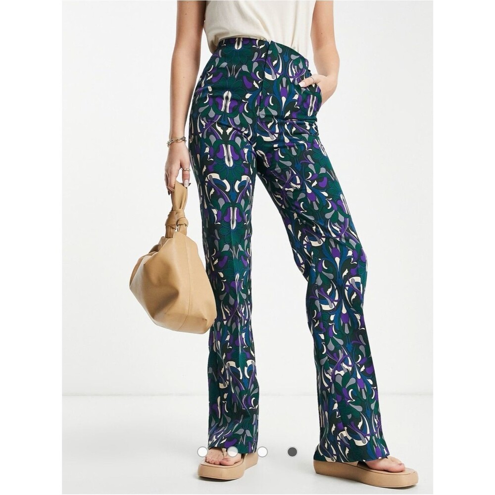 Mango 70s Retro Print Flare Pants High Rise Mod Psychedelic Stretch Trousers 6
